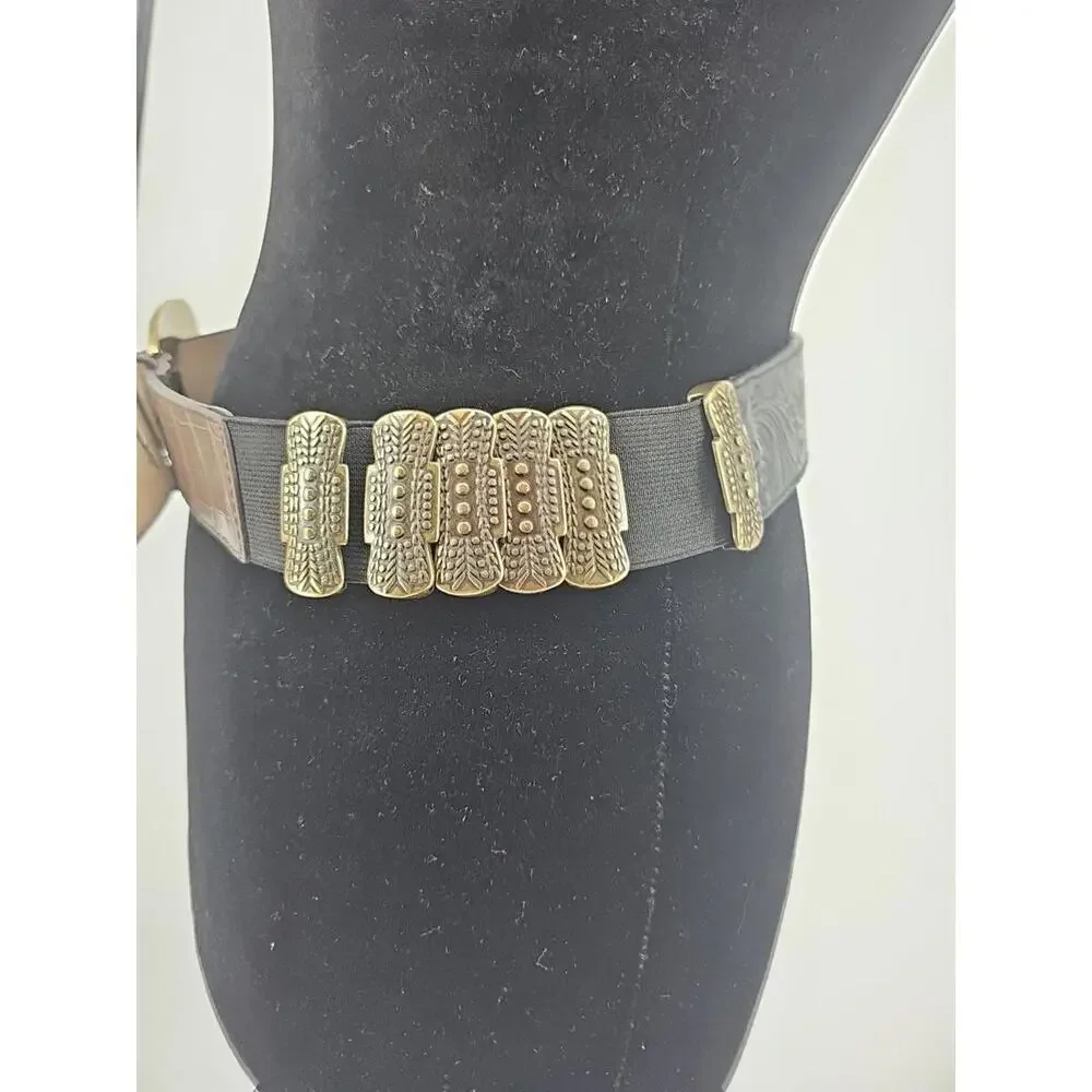 Chico's‎ Women's Leather Belt Small Black Animal Print Gold Buckle
